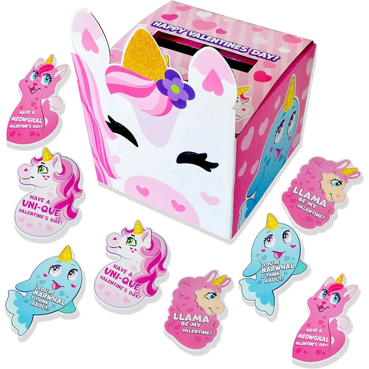 28-Pack Unicorn Valentine's Day Cards with Mailbox for Kids Classroom Exchange