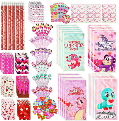 28-Piece Valentine's Day Stationery Set with Treat Bags for Kids - Classroom Exchange Gifts