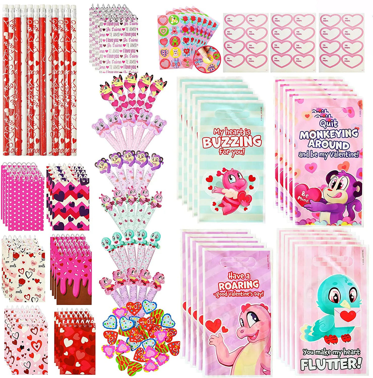 28-Piece Valentine's Day Stationery Set with Treat Bags for Kids - Classroom Exchange Gifts