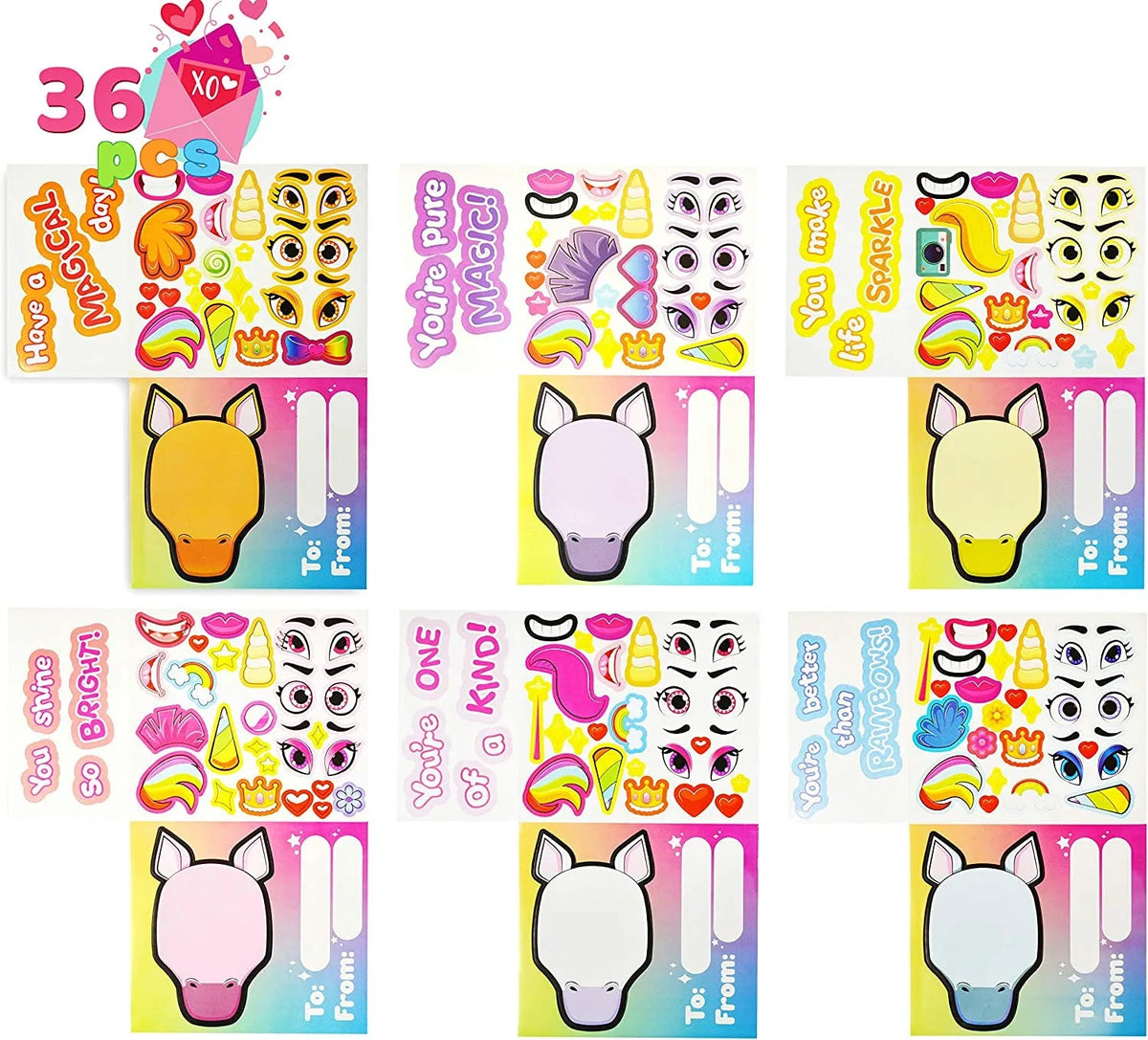 28 Valentine's Unicorn Cards with Make-a-Face Stickers