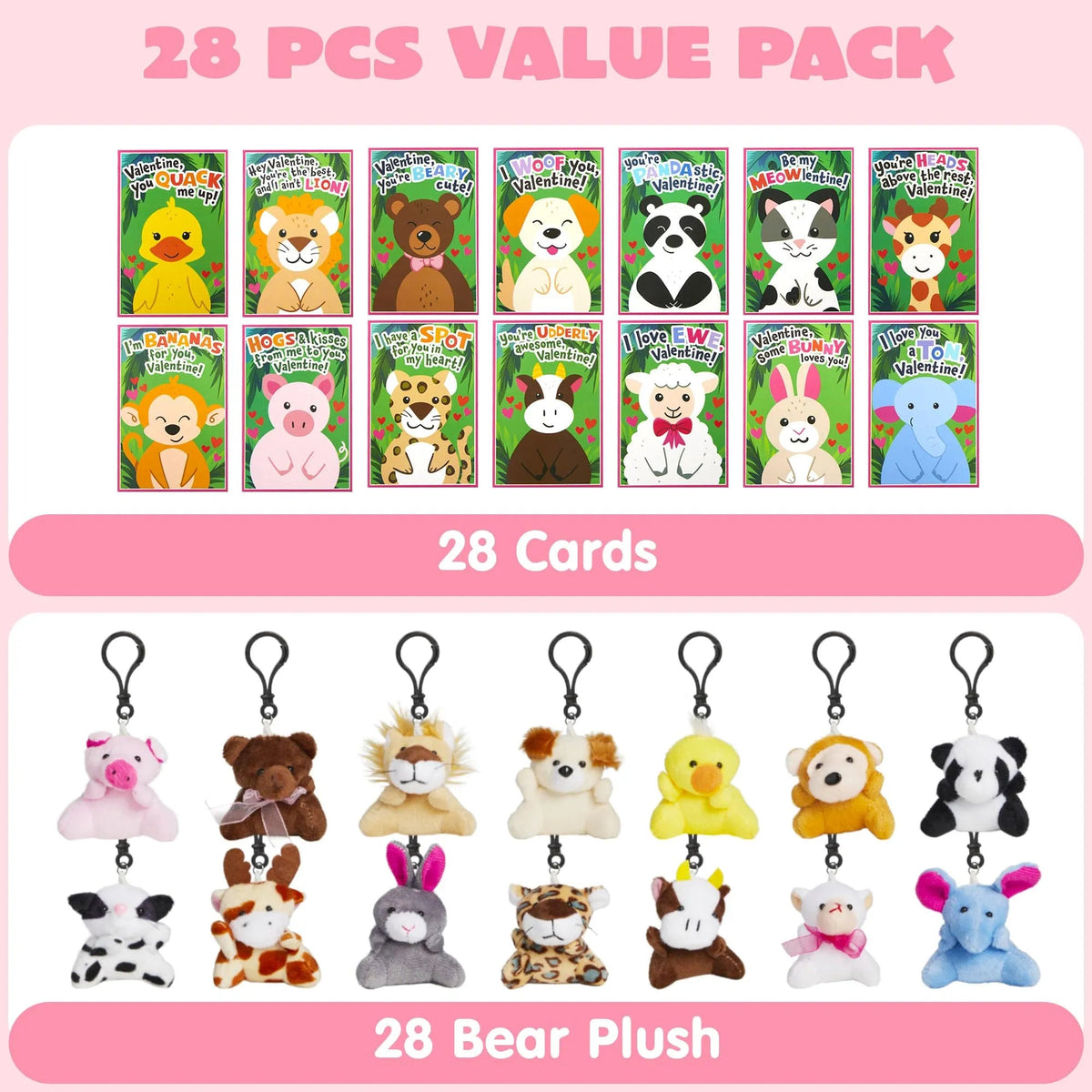 28 Animal Plushies with Valentine's Day Cards for Classroom Gift Exchange