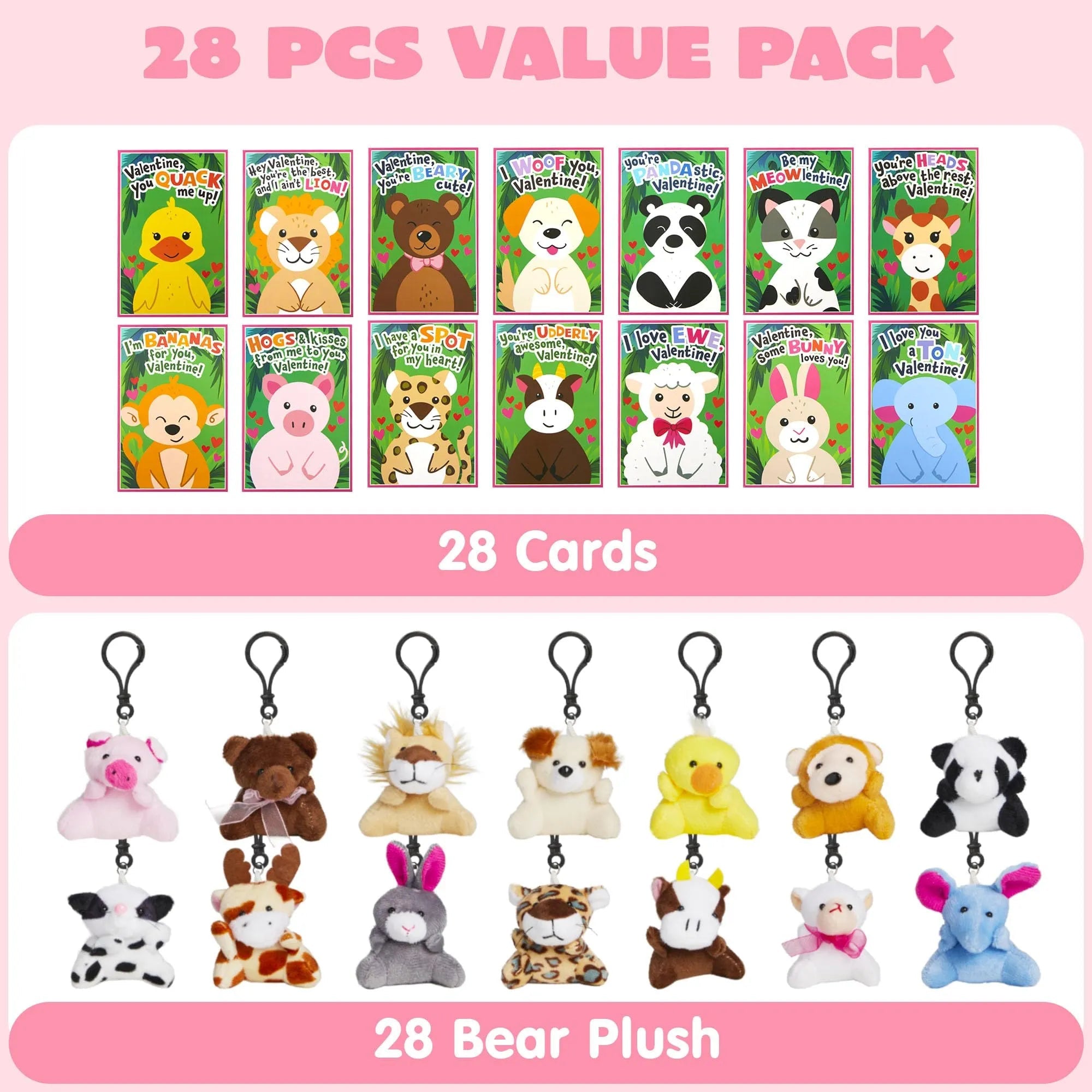 28 Animal Plushies with Valentine's Day Cards for Classroom Gift Exchange
