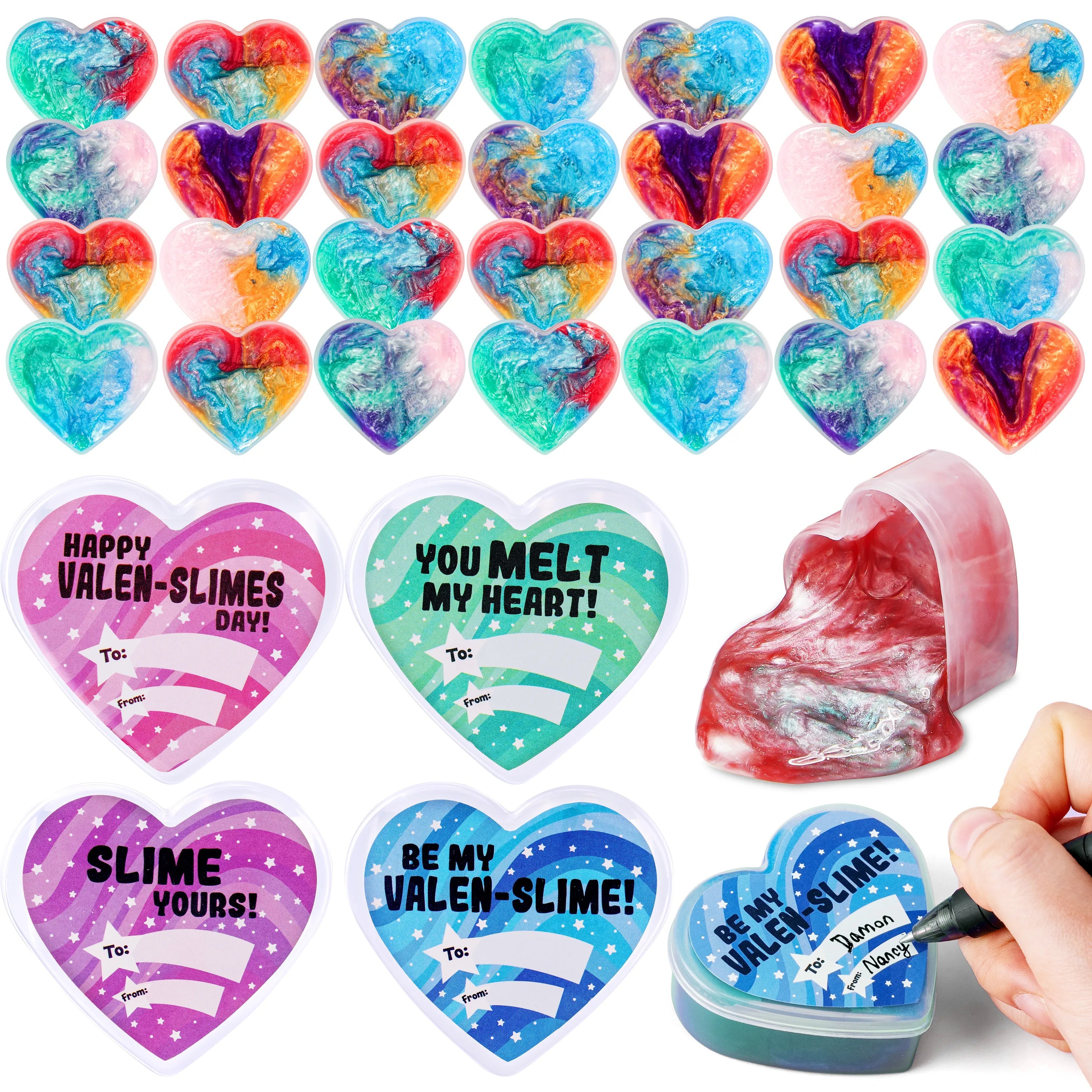 30 Cosmic Realm Slime Hearts with Valentine's Day Cards for Kids Classroom Exchange