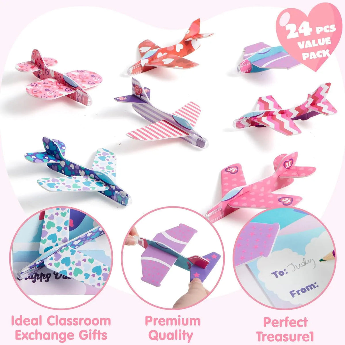 28 Foam Airplanes with Valentine's Day Cards for Kids - Classroom Exchange Gifts