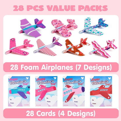 28 Foam Airplanes with Valentine's Day Cards for Kids - Classroom Exchange Gifts