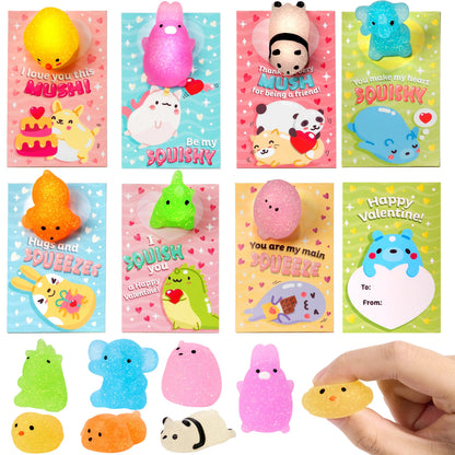 28 Glitter Mochi Squishy Toys with Valentine's Cards for Classroom Exchange