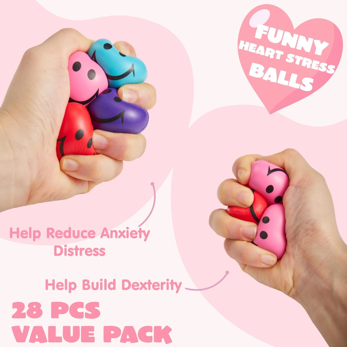 28 Heart-Shaped Squeeze Balls with Valentine's Day Cards for Kids - Classroom Exchange Gifts