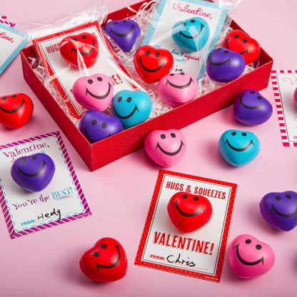 28 Heart-Shaped Squeeze Balls with Valentine's Day Cards for Kids - Classroom Exchange Gifts