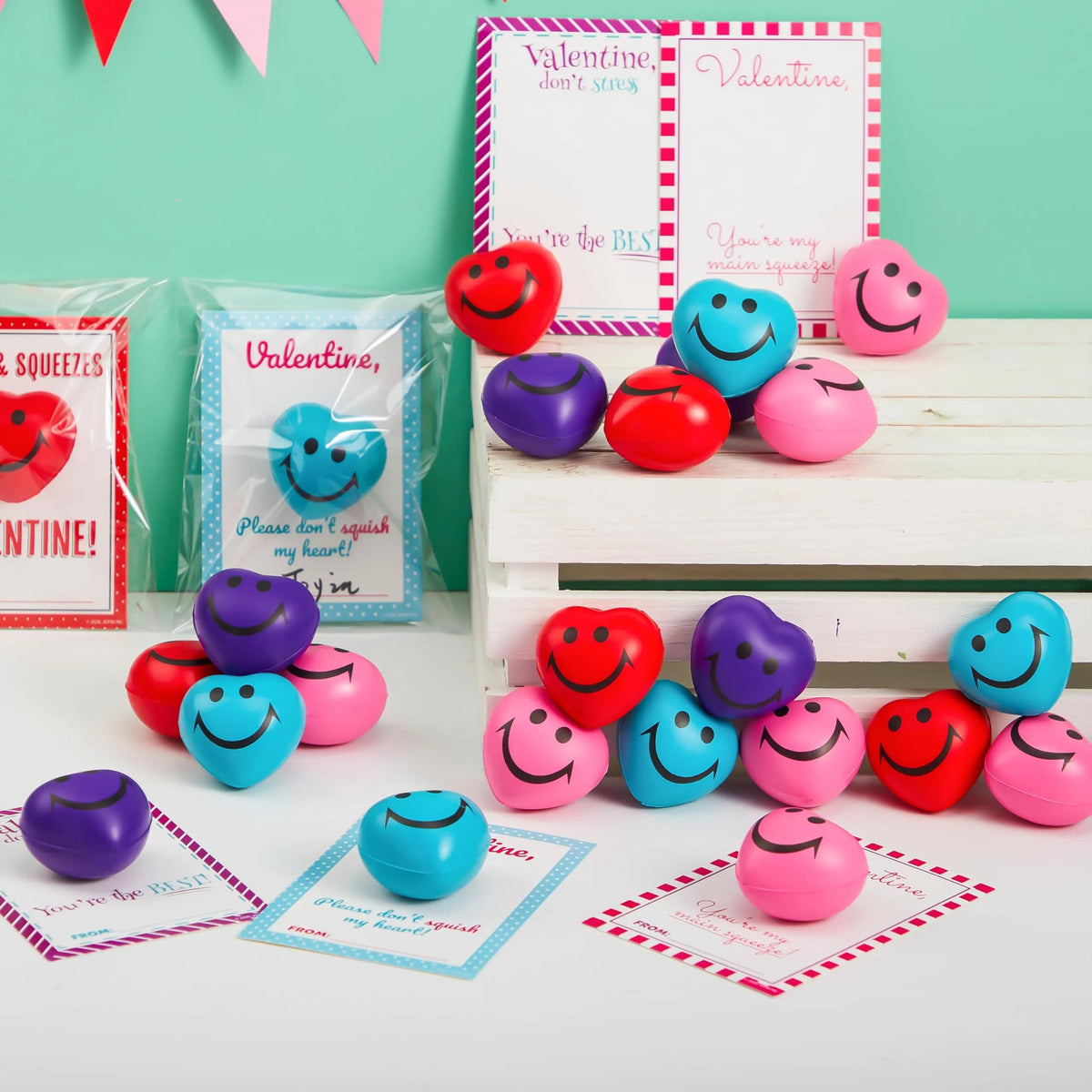 28 Heart-Shaped Squeeze Balls with Valentine's Day Cards for Kids - Classroom Exchange Gifts
