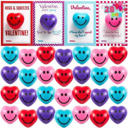 28 Heart-Shaped Squeeze Balls with Valentine's Day Cards for Kids - Classroom Exchange Gifts