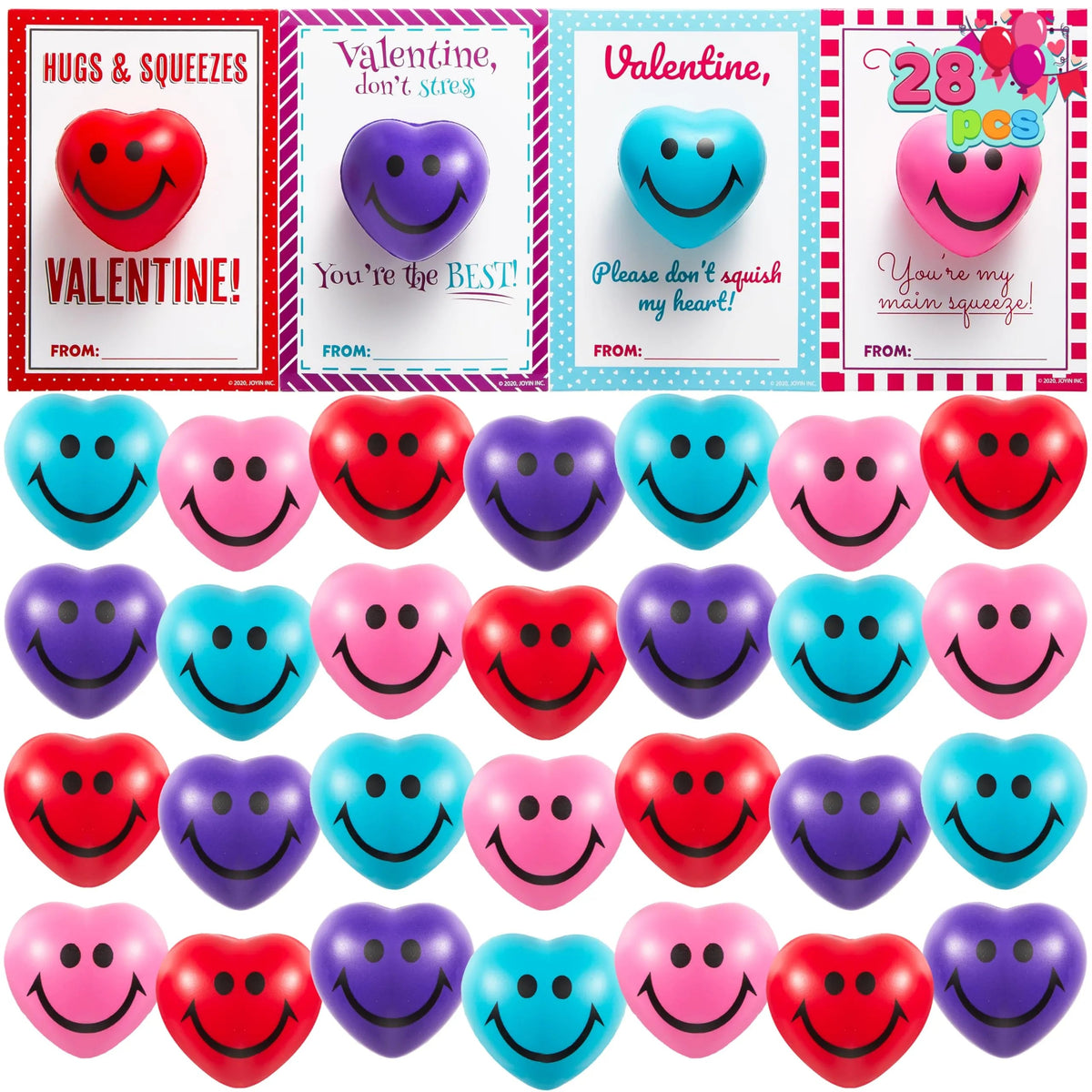 28 Heart-Shaped Squeeze Balls with Valentine's Day Cards for Kids - Classroom Exchange Gifts