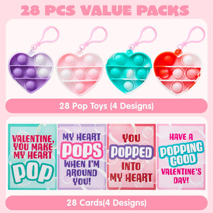 28 Heart-Shaped Push Pop Fidget Toys with Valentine's Day Cards for Kids Classroom Exchange Gifts