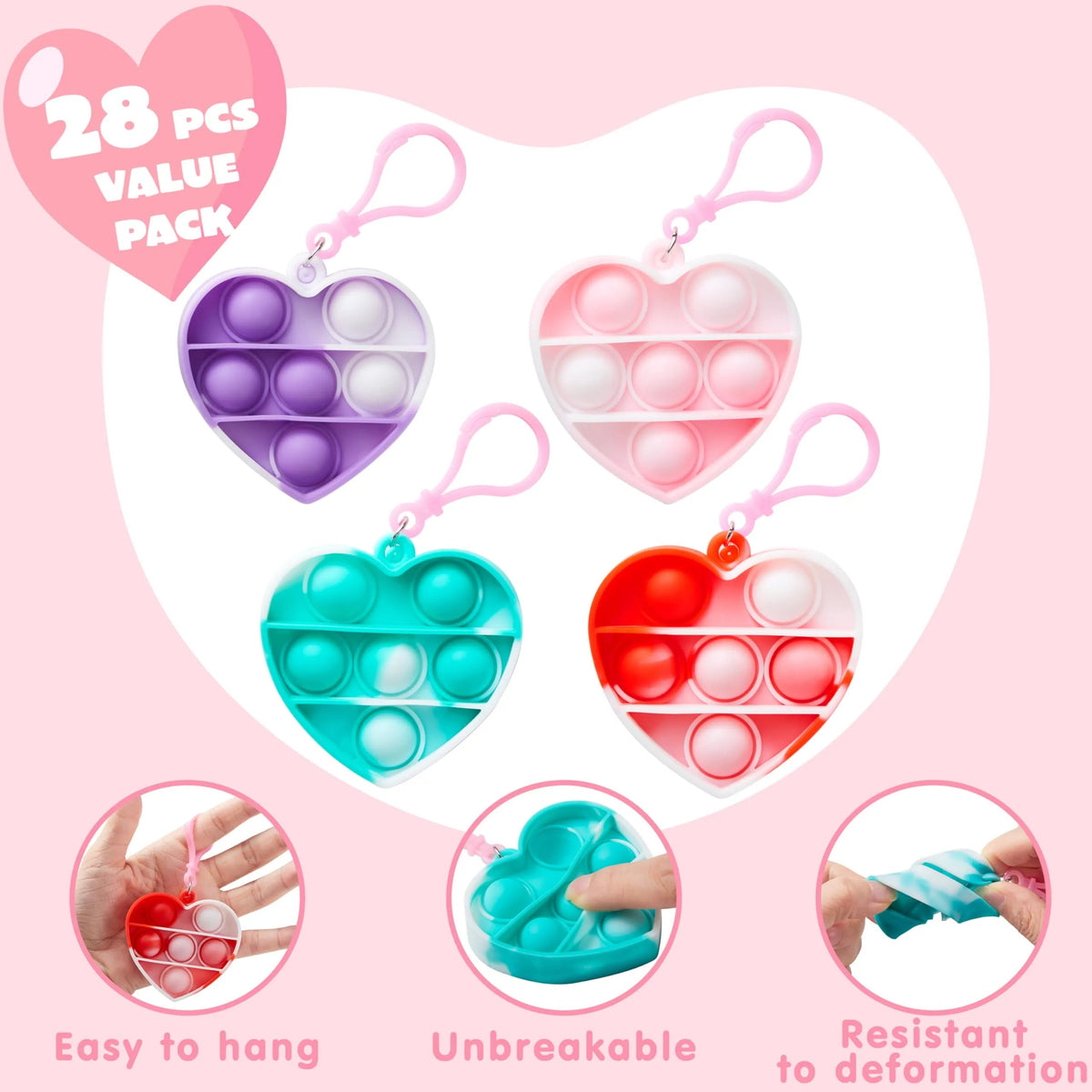 28 Heart-Shaped Push Pop Fidget Toys with Valentine's Day Cards for Kids Classroom Exchange Gifts