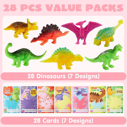 28 Pcs Kids Valentine's Day Cards with Dinosaur Figure Toys - Classroom Exchange Gifts