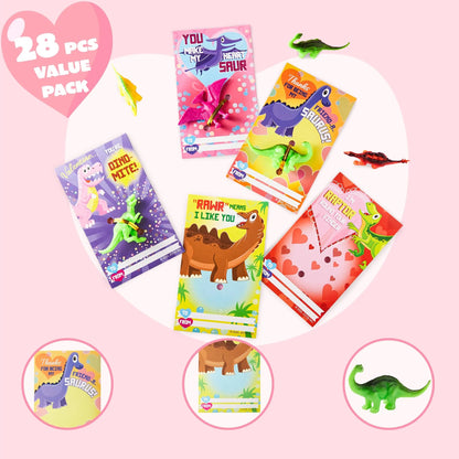 28 Pcs Kids Valentine's Day Cards with Dinosaur Figure Toys - Classroom Exchange Gifts