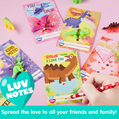28 Pcs Kids Valentine's Day Cards with Dinosaur Figure Toys - Classroom Exchange Gifts