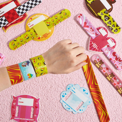 28-Pack Valentine's Day Slap Bracelets with Cards for Kids Classroom Exchange Gifts