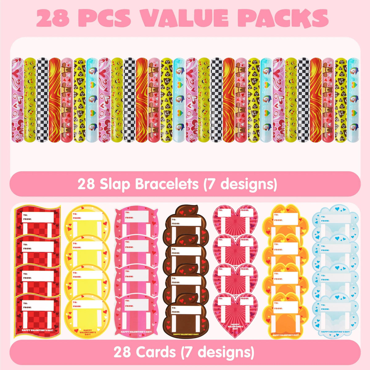 28-Pack Valentine's Day Slap Bracelets with Cards for Kids Classroom Exchange Gifts