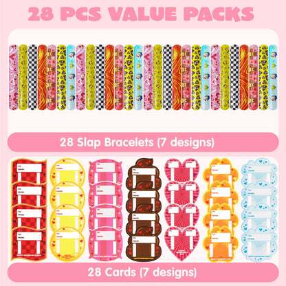 28-Pack Valentine's Day Slap Bracelets with Cards for Kids Classroom Exchange Gifts