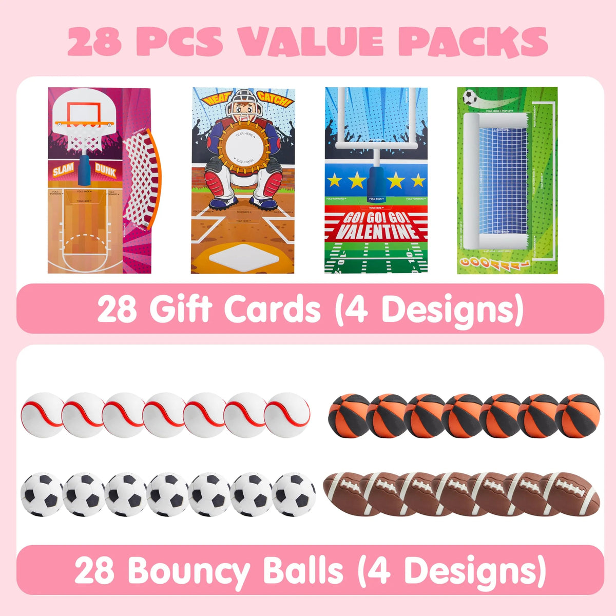 28 Sports Erasers with Valentine's Cards for Classroom Exchange