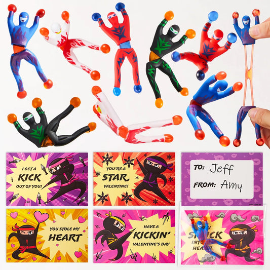 28 Sticky Climbing Ninjas with Kids Valentine's Cards for Valentine Party Favors