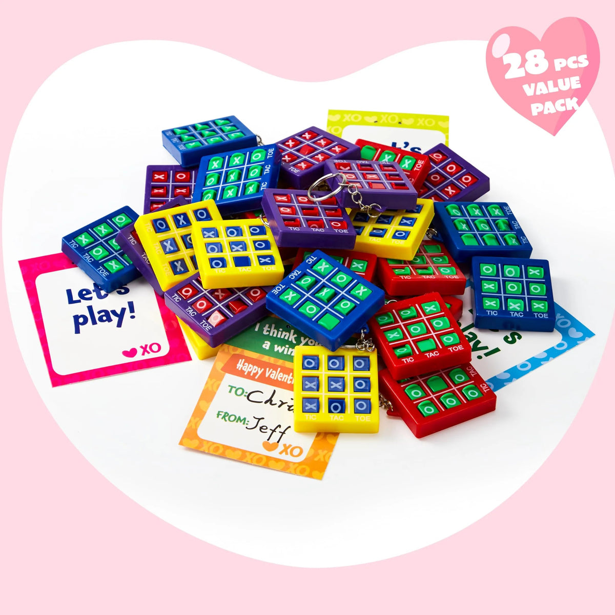 28-Piece Tic-Tac-Toe Keychain Gifts with Valentine's Day Cards for Classroom Exchange
