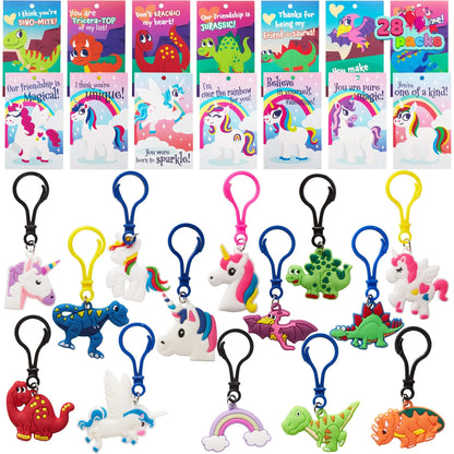 28-Piece Unicorn and Dinosaur Keychain Set with Kids' Valentine's Day Cards