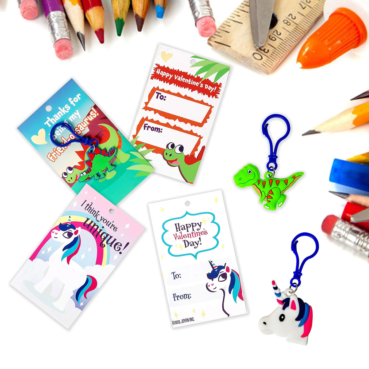 28-Piece Unicorn and Dinosaur Keychain Set with Kids' Valentine's Day Cards