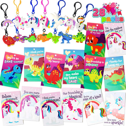 28-Piece Unicorn and Dinosaur Keychain Set with Kids' Valentine's Day Cards