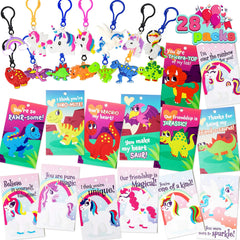 28-Piece Unicorn and Dinosaur Keychain Set with Kids' Valentine's Day Cards