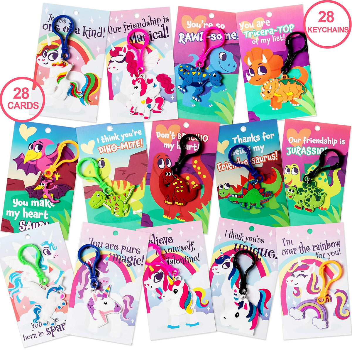 28-Piece Unicorn and Dinosaur Keychain Set with Kids' Valentine's Day Cards