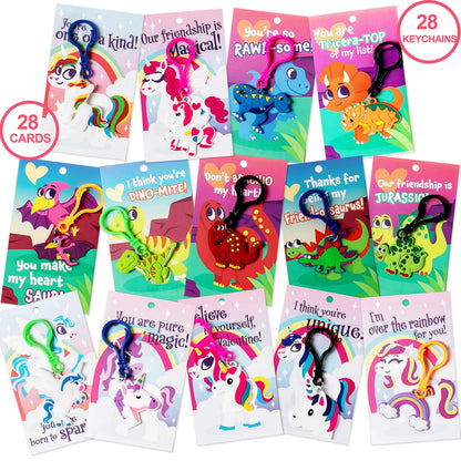 28-Piece Unicorn and Dinosaur Keychain Set with Kids' Valentine's Day Cards