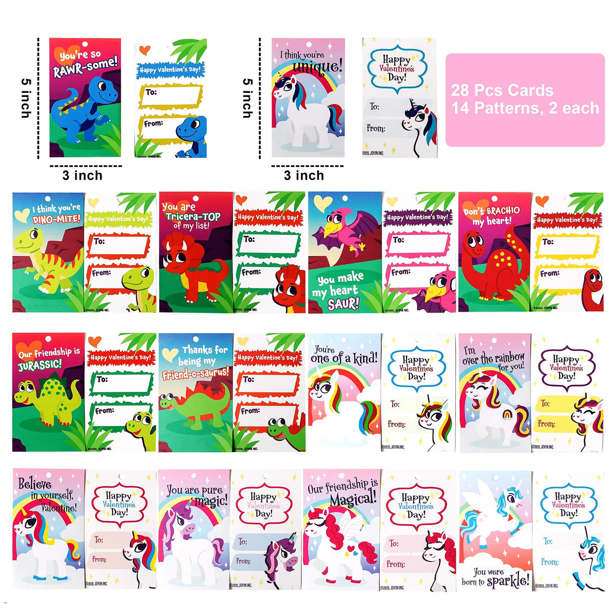 28-Piece Unicorn and Dinosaur Keychain Set with Kids' Valentine's Day Cards