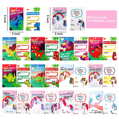 28-Piece Unicorn and Dinosaur Keychain Set with Kids' Valentine's Day Cards
