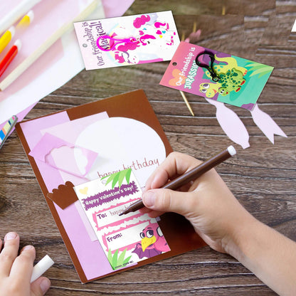 28-Piece Unicorn and Dinosaur Keychain Set with Kids' Valentine's Day Cards