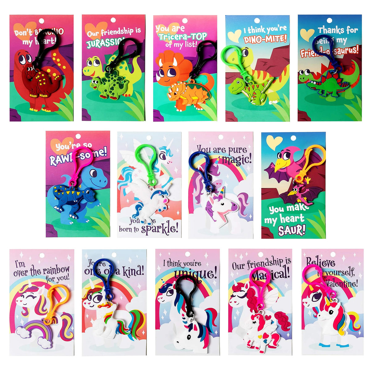 28-Piece Unicorn and Dinosaur Keychain Set with Kids' Valentine's Day Cards