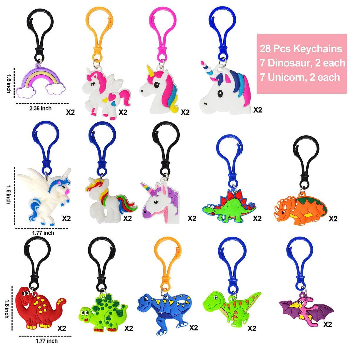 28-Piece Unicorn and Dinosaur Keychain Set with Kids' Valentine's Day Cards