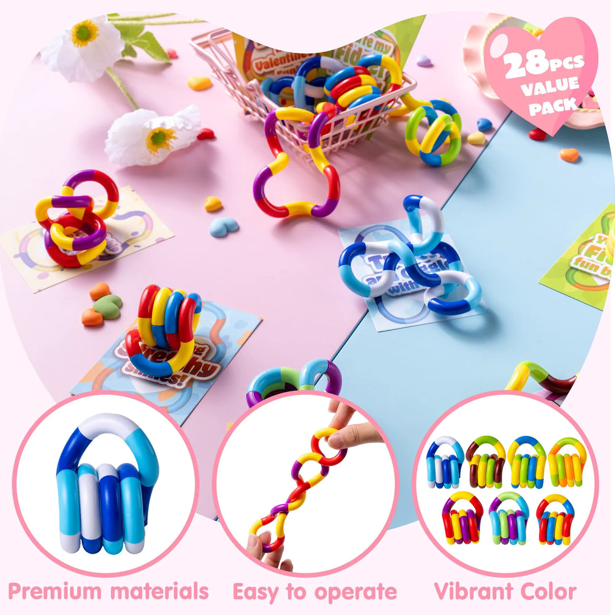 28 Pcs Valentine's Day Twist & Spin Fidget Chains with Cards