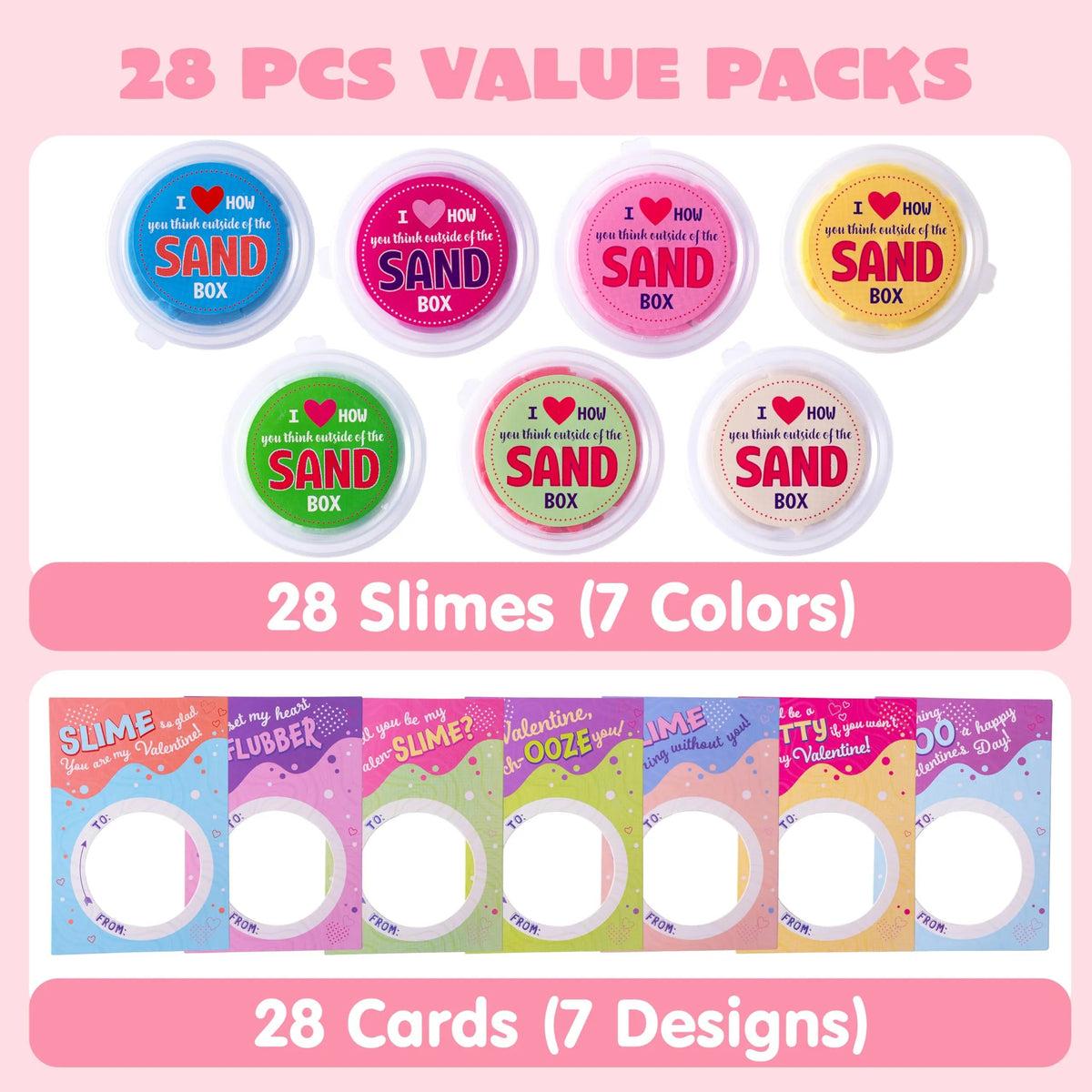 28-Pack Valentine's Sand Slime with Cards for Kids Classroom Exchange Gifts