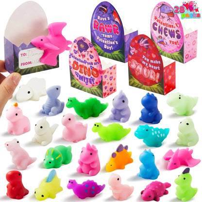 28-Pack Dinosaur Mochi Squishy Toys with Valentine Cards for Kids