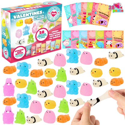 28 Glitter Mochi Squishy Toys with Valentine's Cards for Classroom Exchange