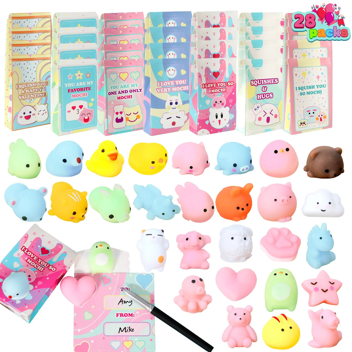 28-Pack Mochi Squishy Toys with Valentine's Day Cards for Classroom Exchange