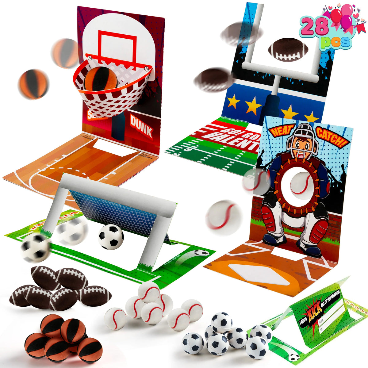 28 Sports Erasers with Valentine's Cards for Classroom Exchange