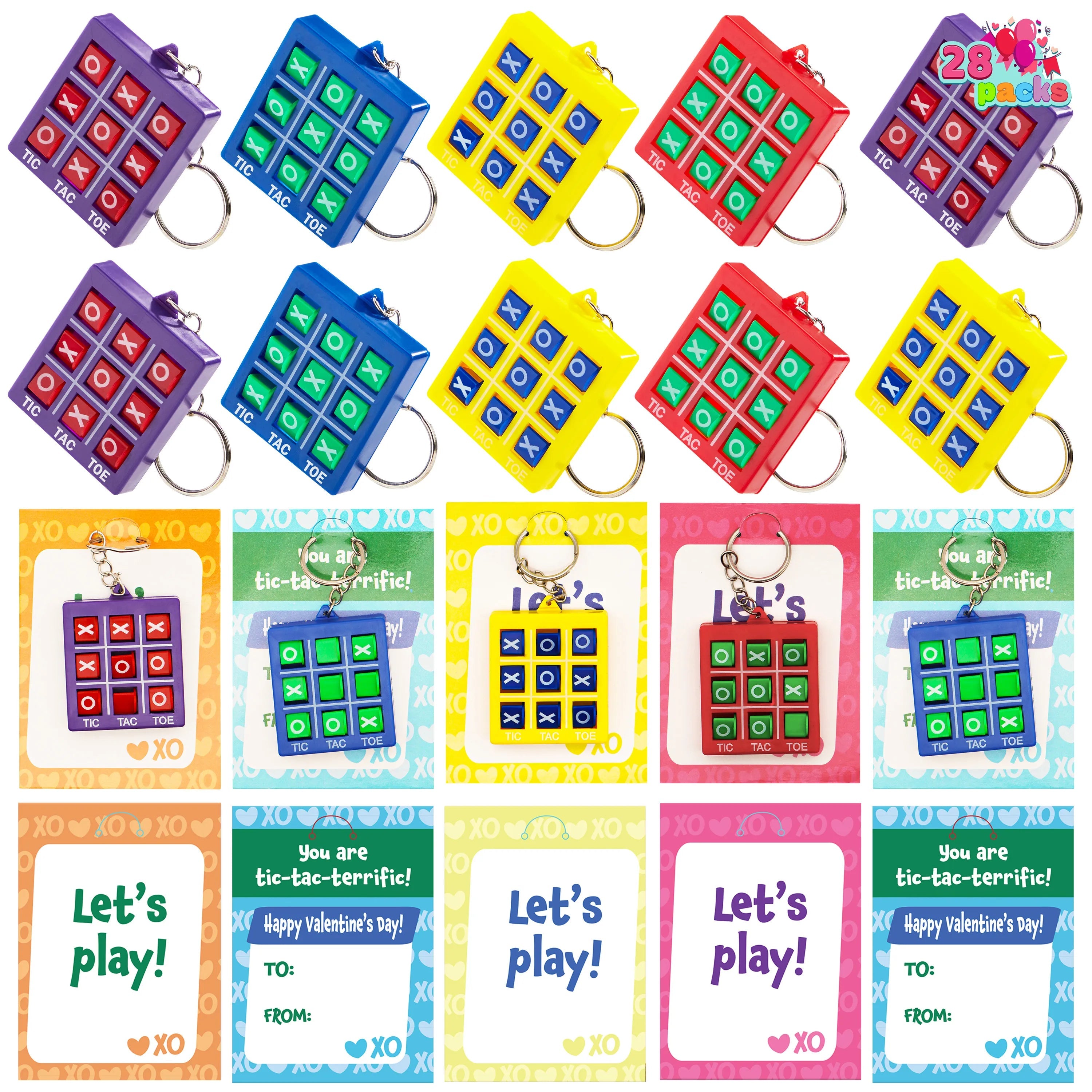 28-Piece Tic-Tac-Toe Keychain Gifts with Valentine's Day Cards for Classroom Exchange