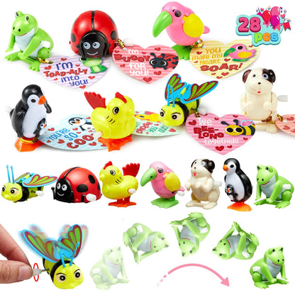 28 Pcs Wind Up Toys with Kids Valentine's Cards for Valentine Party Favors