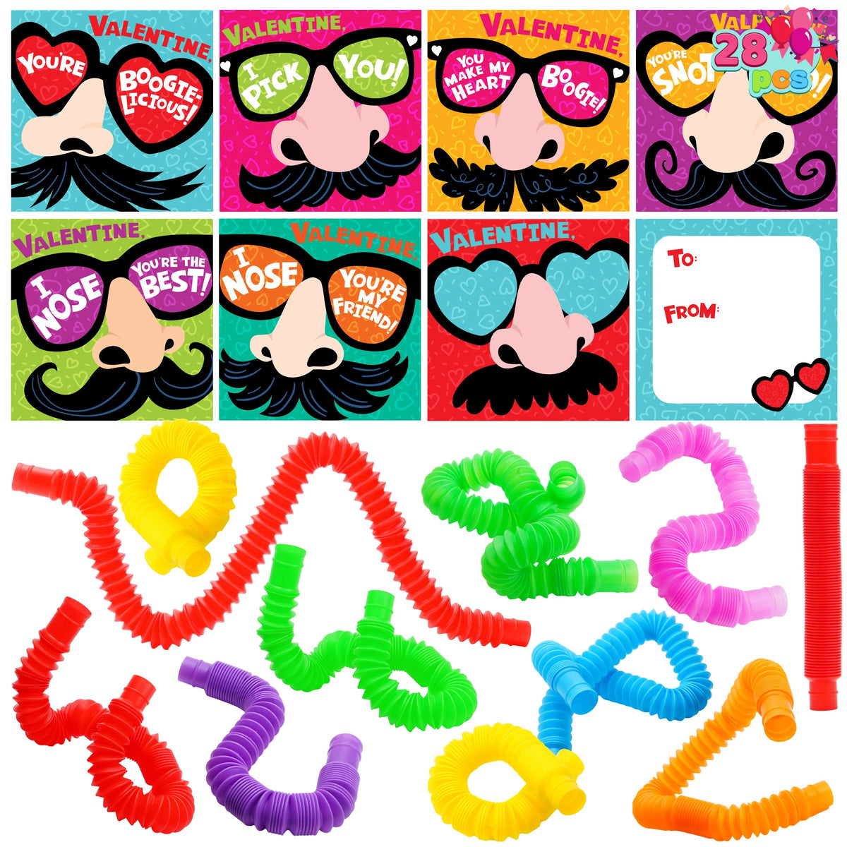 28 Packs Nose Picking Valentine's Day Cards with Pop Tubes for Kids