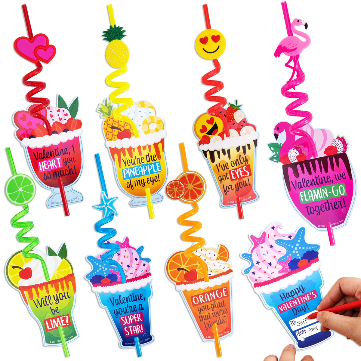 28 Reusable Drinking Straws with Kids Valentine's Cards for Valentine Party Favors