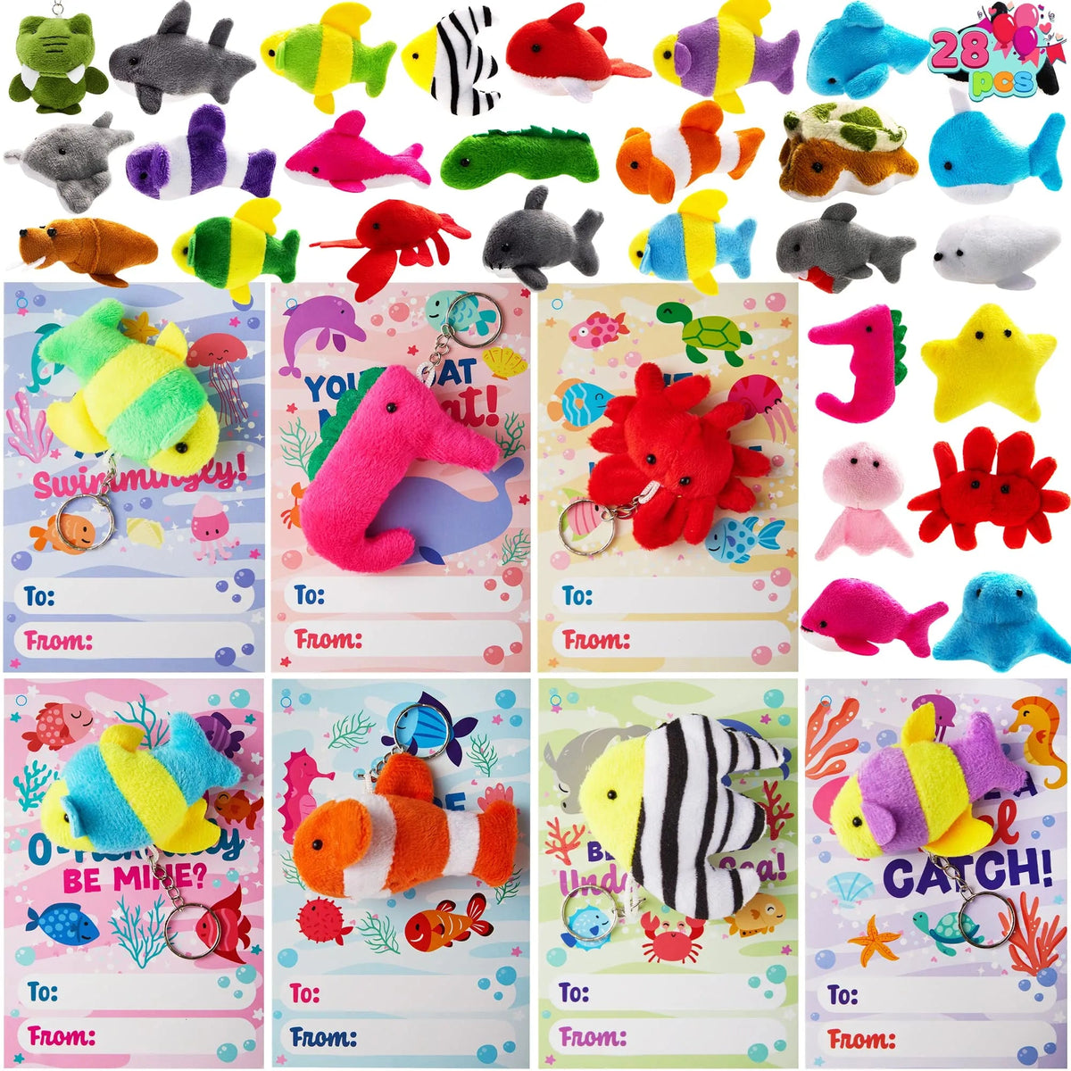 28 Mini Sea Animal Plush Keychains with Pull-Back Car Toys - Classroom Exchange Gifts
