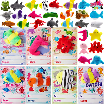 28 Mini Sea Animal Plush Keychains with Pull-Back Car Toys - Classroom Exchange Gifts