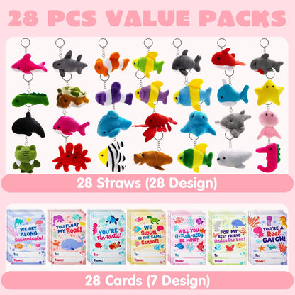 28 Mini Sea Animal Plush Keychains with Pull-Back Car Toys - Classroom Exchange Gifts